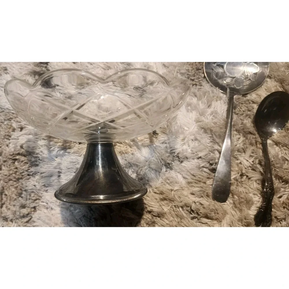 Crystal/Silverplate‎ Small Candy Dish WA Italy Vintage Flower. 2 Silver Spoons